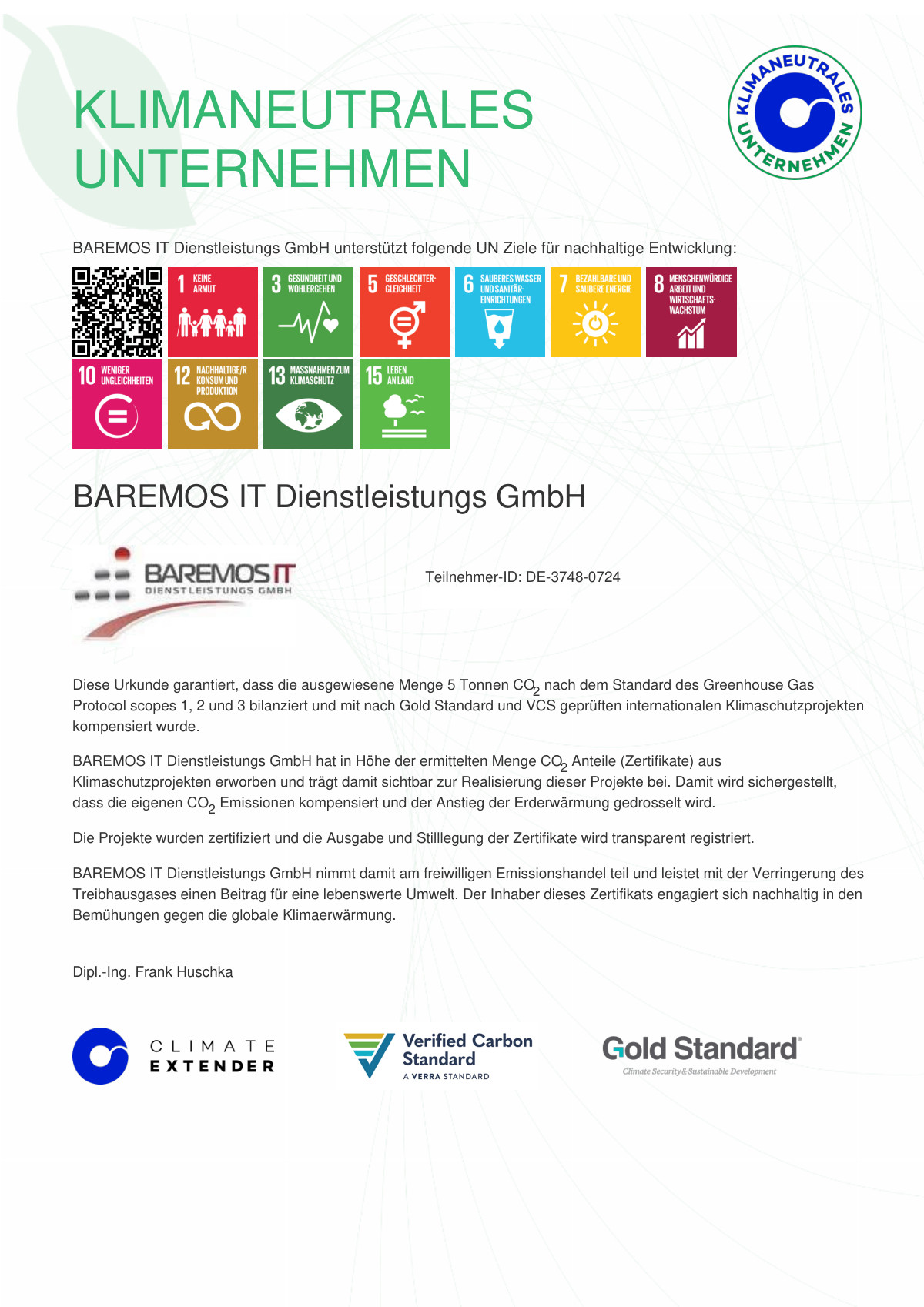 Zertifikat Klimaneutrales Unternehmen – BAREMOS IT Dienstleistungs GmbH (Climate Extender)
