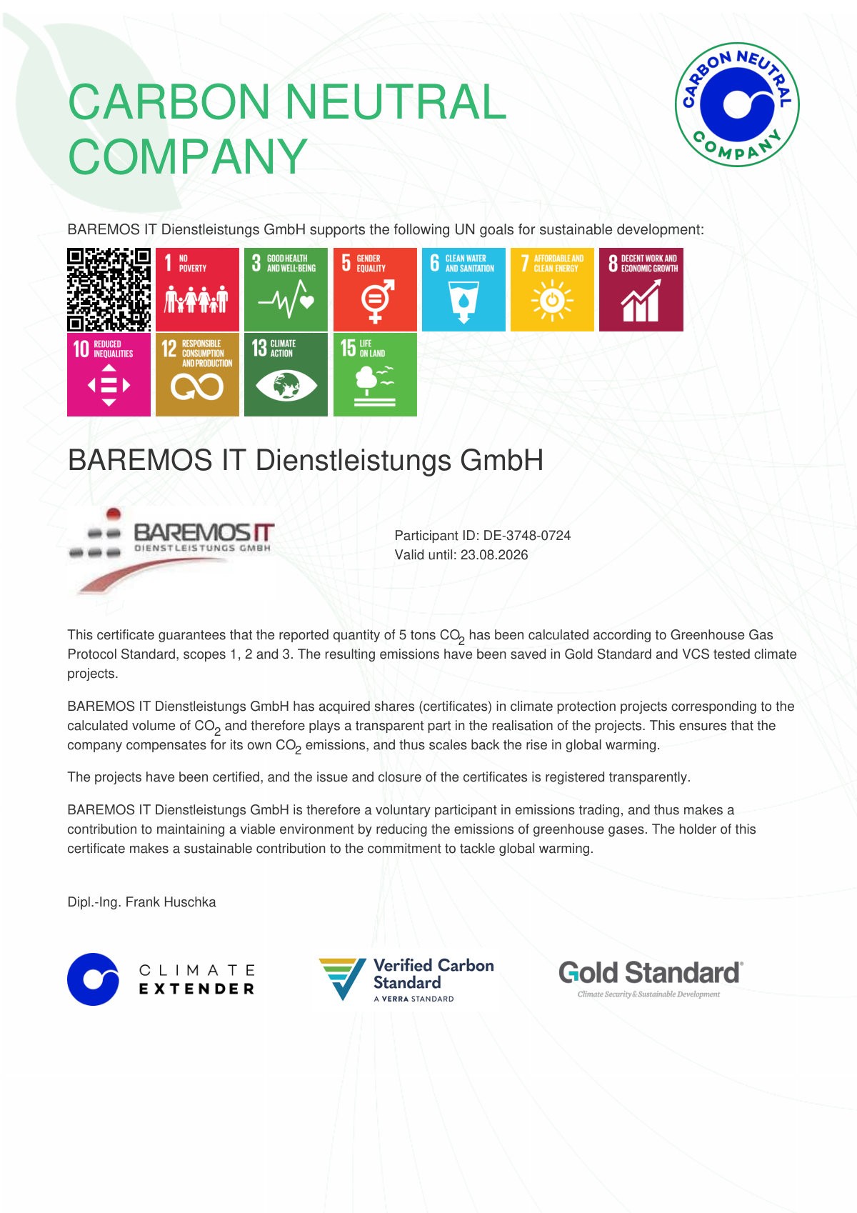 Zertifikat Klimaneutrales Unternehmen 2024 – BAREMOS IT Dienstleistungs GmbH (Climate Extender), gültig bis 23.08.2026