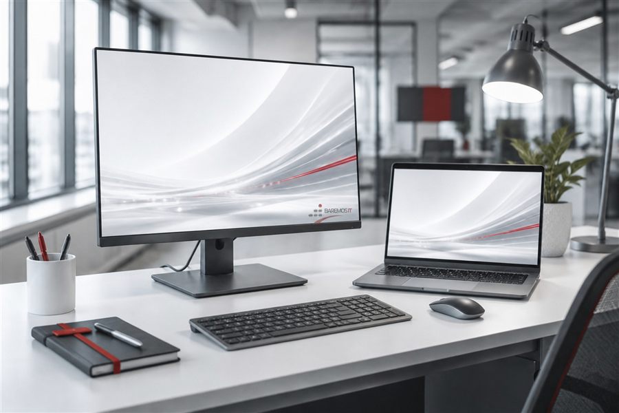 Moderner Arbeitsplatz mit Monitor und Laptop