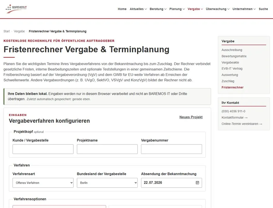 Zum Fristenrechner Bildschirmansicht des Fristenrechners Vergabe & Terminplanung