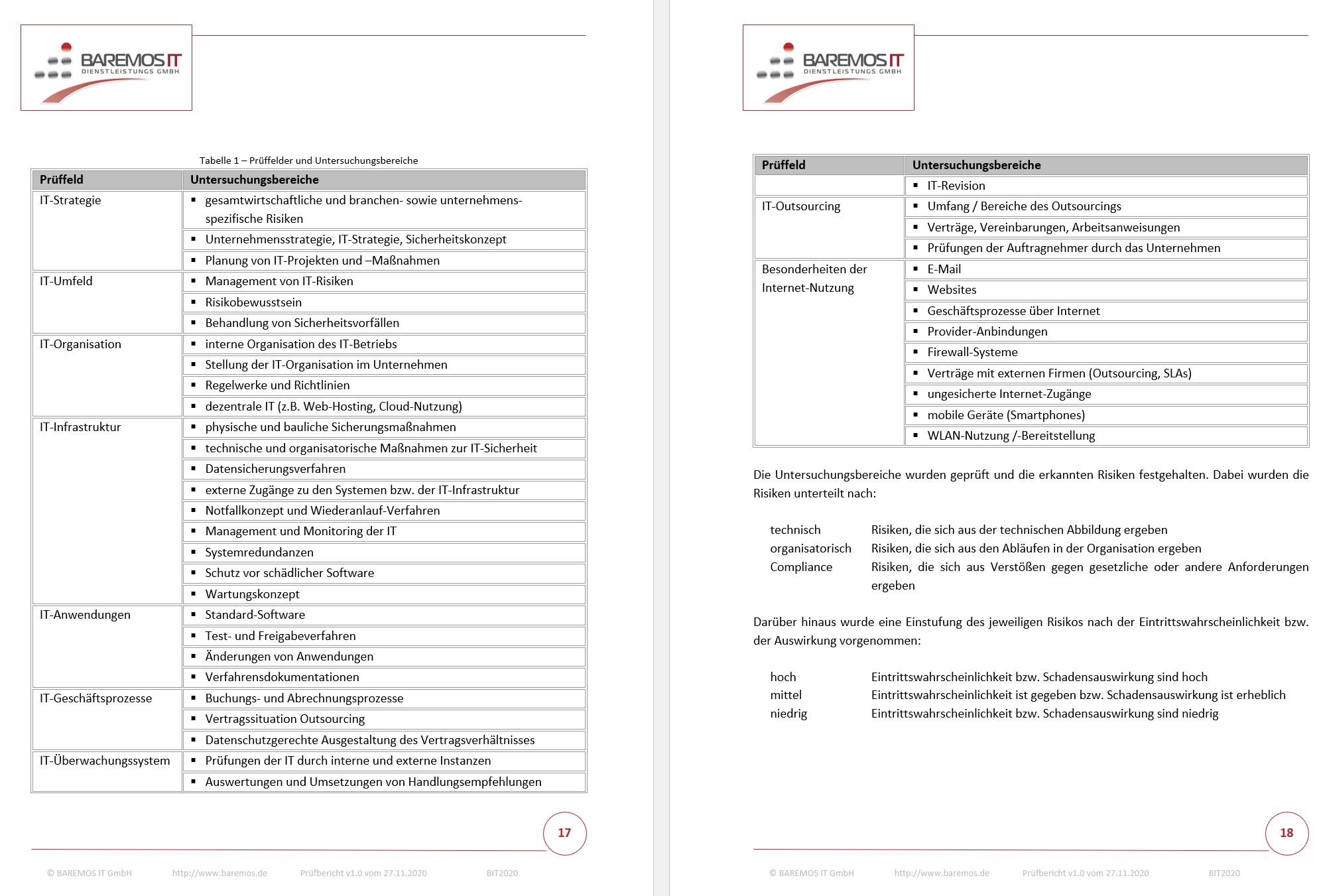 Tabelle der Prüffelder und Untersuchungsbereiche aus dem Prüfbericht zur IT-Systemprüfung